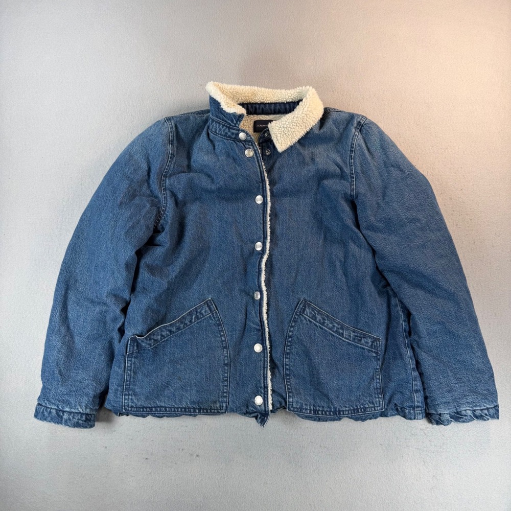 J.Crew Jeans Denim Sherpa Lined Jacket Blue Medium Wash Snap Front Womens Large